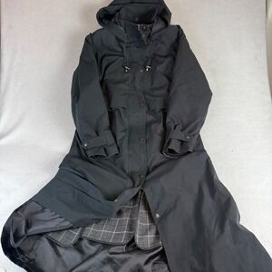 LL Bean Womens Petite Medium Black Long Trench Lined Rain Coat Hooded